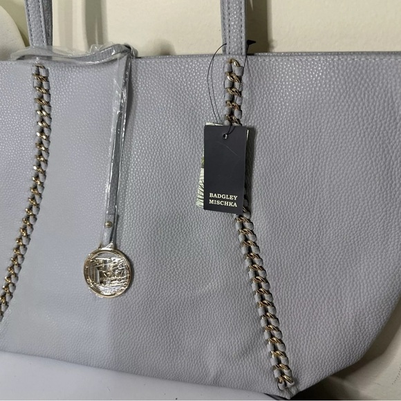 Badgley Mischka Gray Leather Chain Embellished Tote - Picture 2 of 5